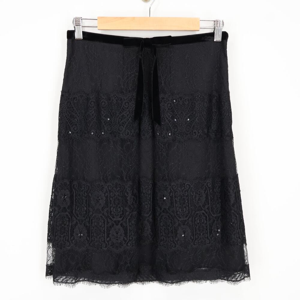 Ann Taylor Lace Pleated A-Line Sequin Velvet Tie Black Holiday Skirt Size 4